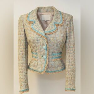 Cynthia Steffe Tweed Fringe Cropped Blazer Teal Orange Multi-Color Jacket NWT S